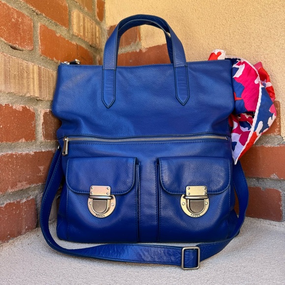 Fossil💙Riley Leather Large Fold Over Crossbody Satchel/Tote Bag w/Bow Scarf - Picture 7 of 15